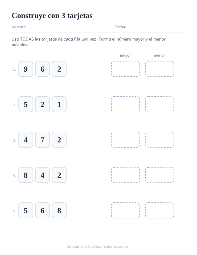 Ficha para formar el número mayor y el menor con tres tarjetas de dígitos