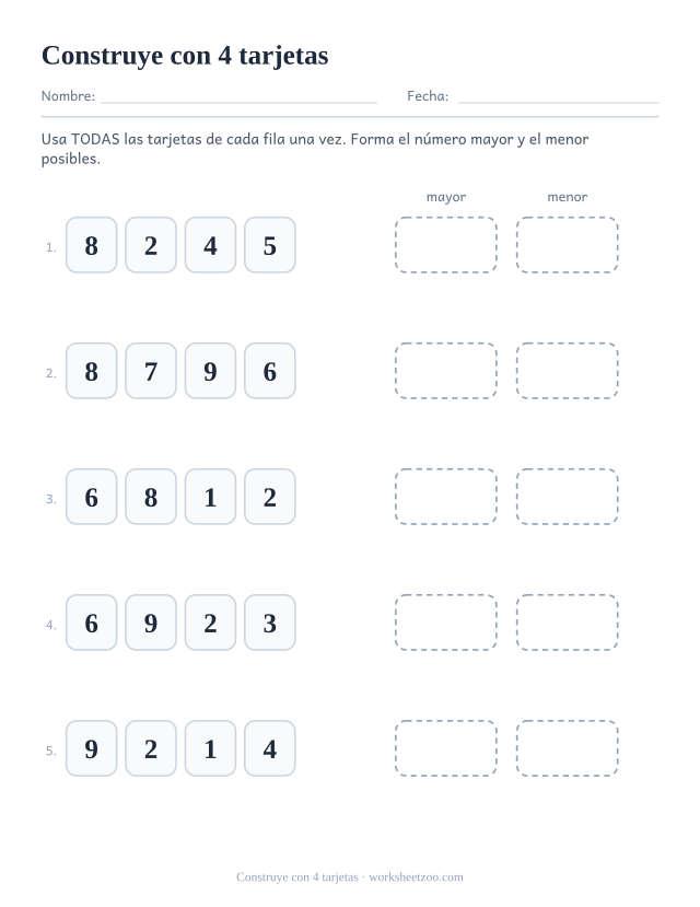 Ficha para formar el número mayor y el menor con cuatro tarjetas de dígitos