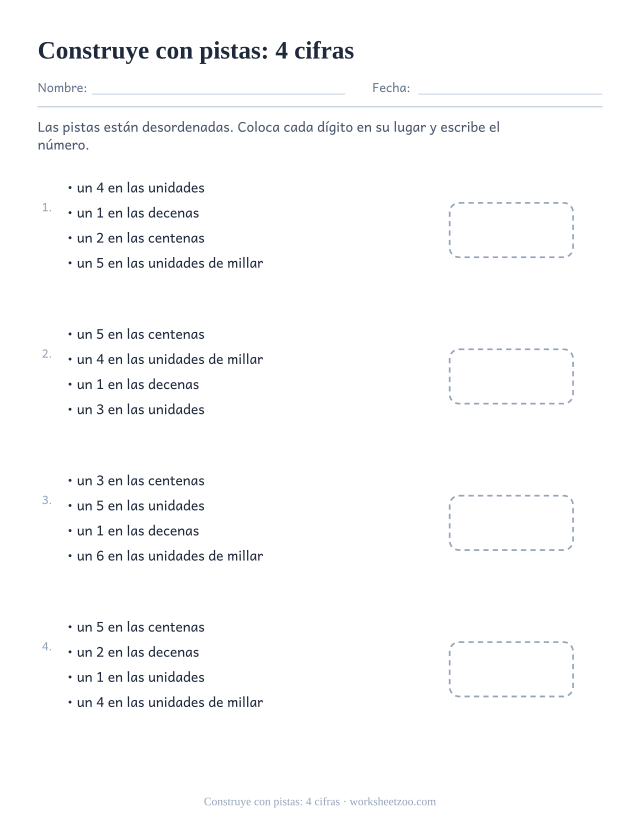 Ficha para construir un número de cuatro cifras con pistas desordenadas