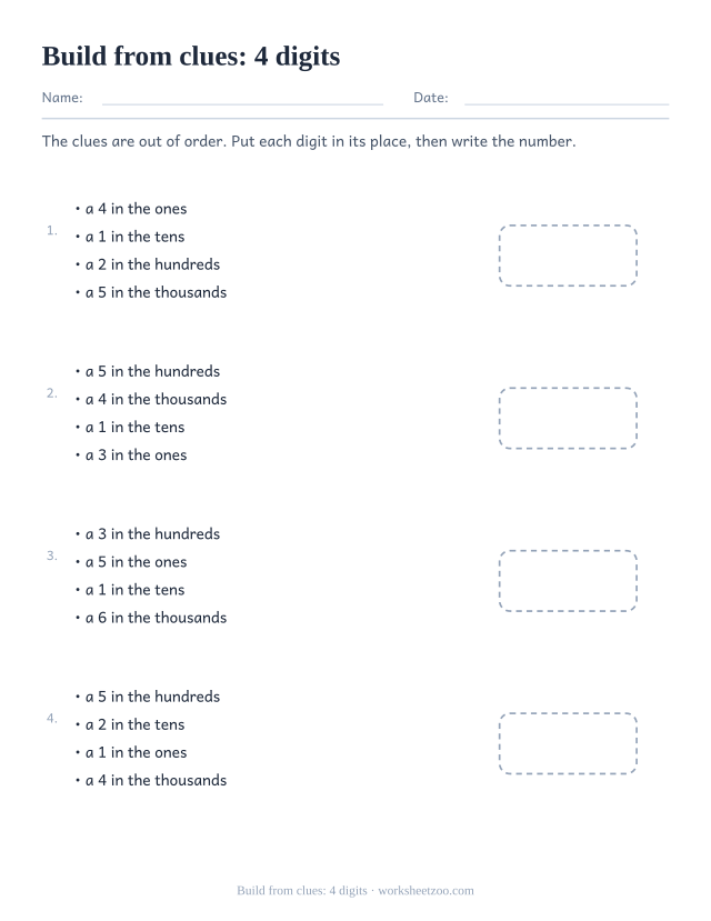 Worksheet building a four-digit number from scrambled place clues