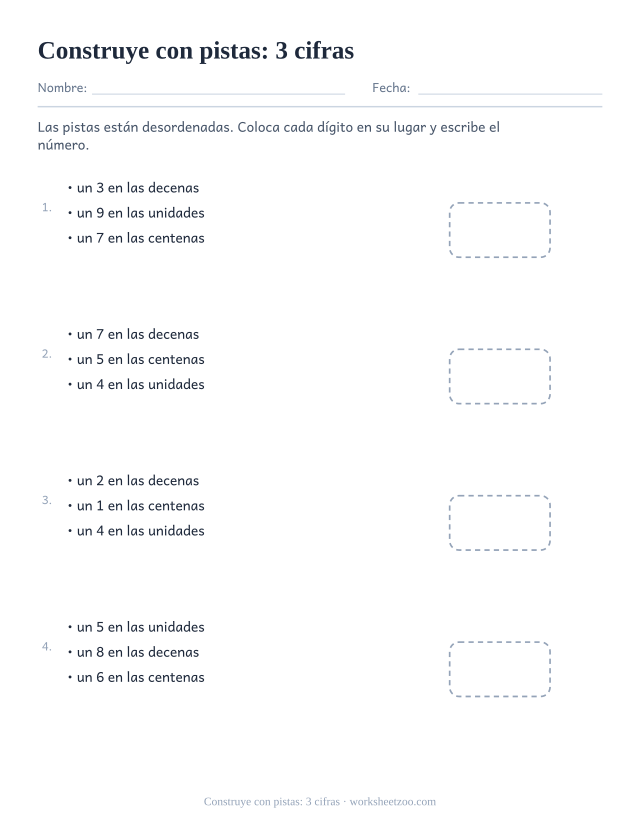 Ficha para construir un número de tres cifras con pistas desordenadas