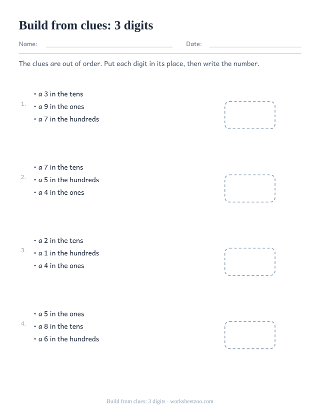 Worksheet building a three-digit number from scrambled place clues