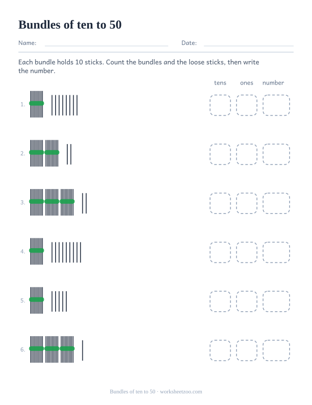 Place value worksheet counting bundles of ten sticks and loose sticks up to 50