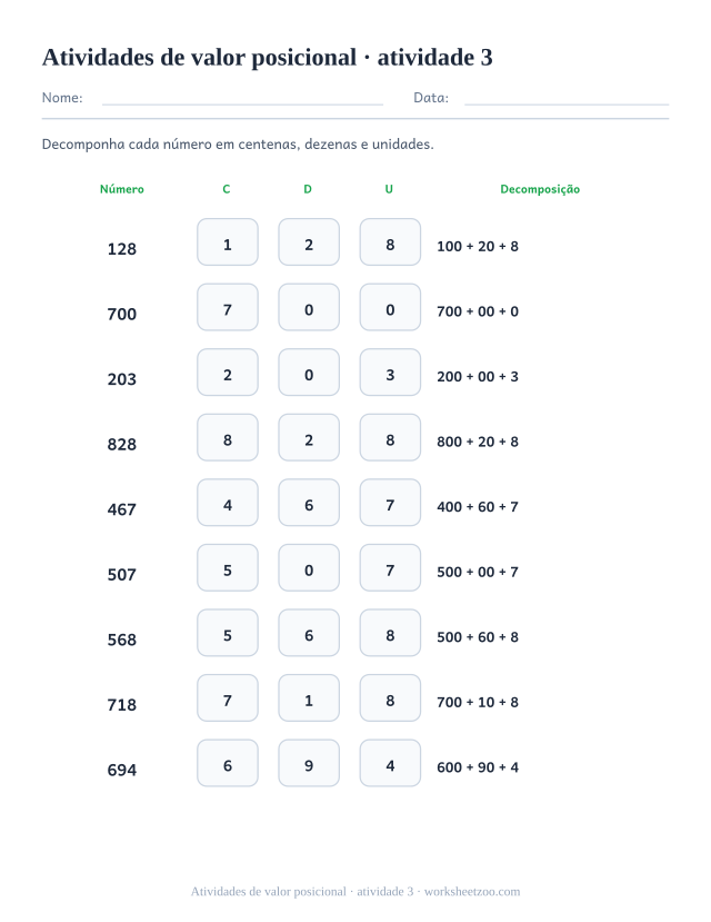 Prévia de Atividades de valor posicional, atividade 3 para imprimir