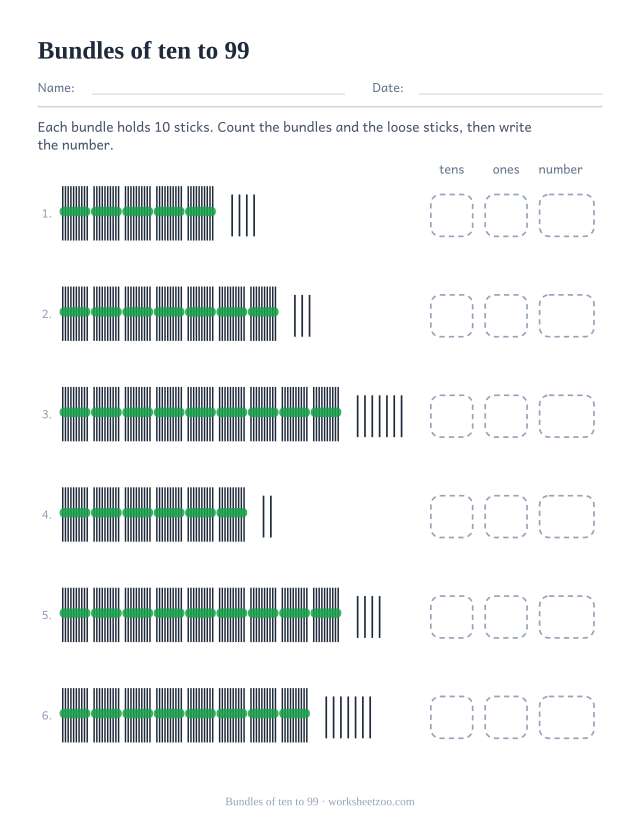 Place value worksheet with five to nine bundles of ten sticks, numbers to 99