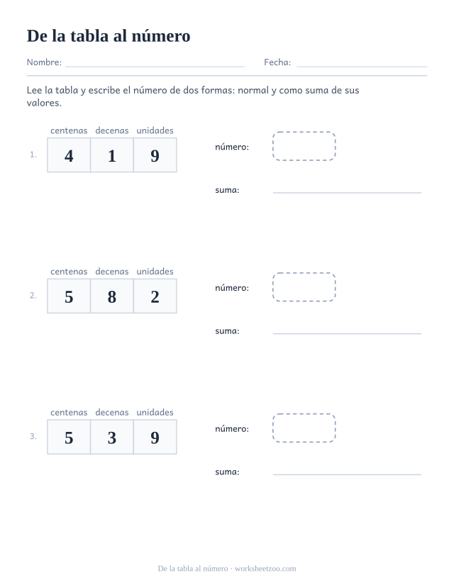 Ficha para leer una tabla llena y escribir el número normal y desarrollado