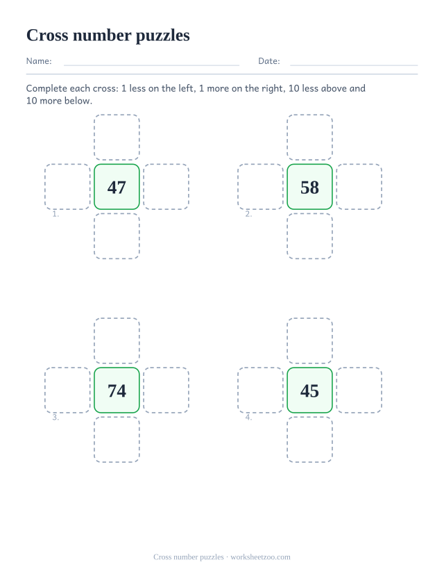 Cross-shaped place value puzzles with one more, one less, ten more, ten less