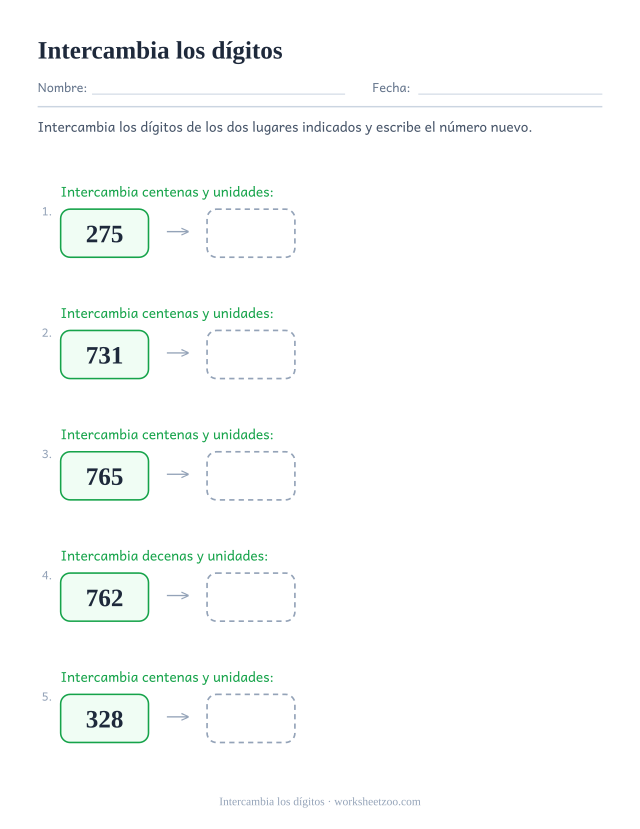 Ficha para intercambiar los dígitos de dos lugares indicados