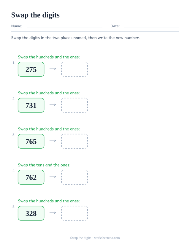 Place value worksheet swapping the digits of two named places