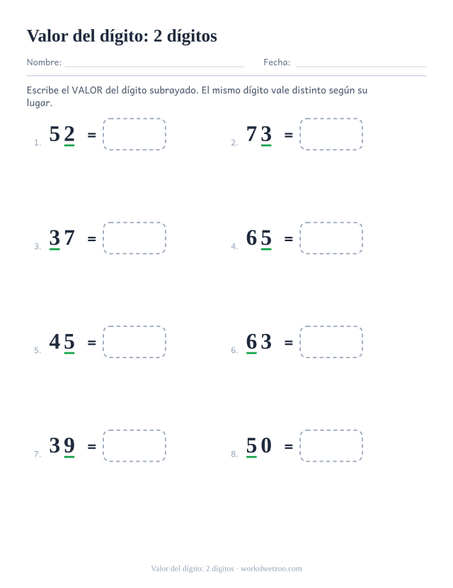 Ficha del valor del dígito subrayado en números de dos cifras