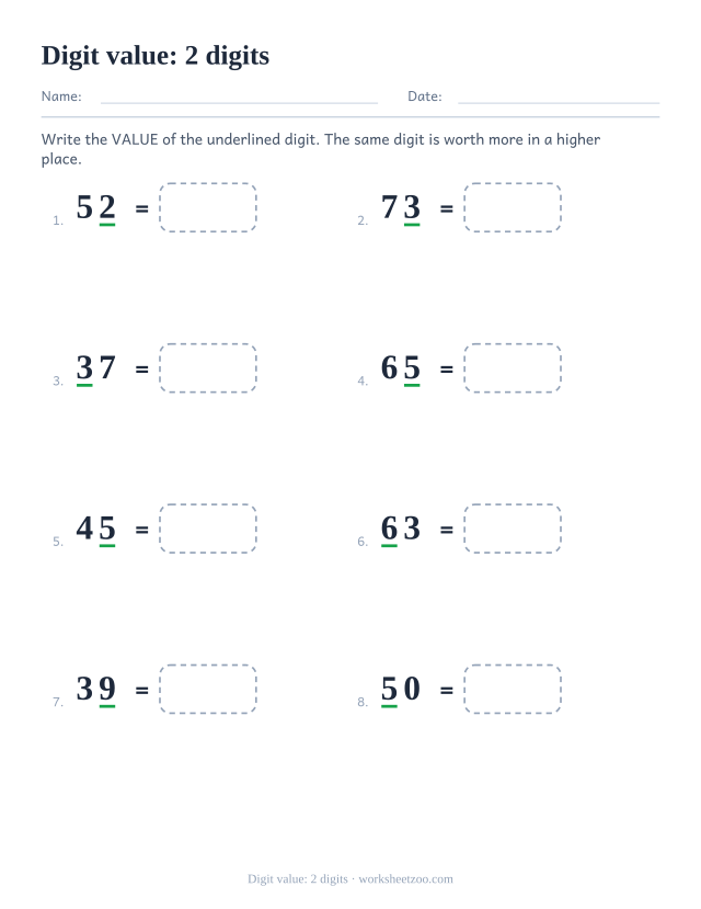 Underlined digit value worksheet for two-digit numbers