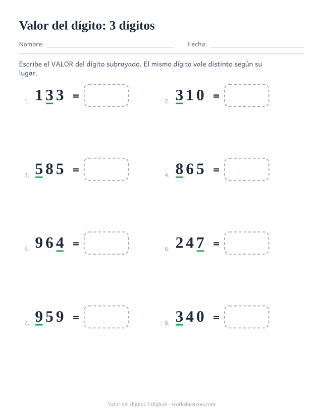 Ficha del valor del dígito subrayado en números de tres cifras
