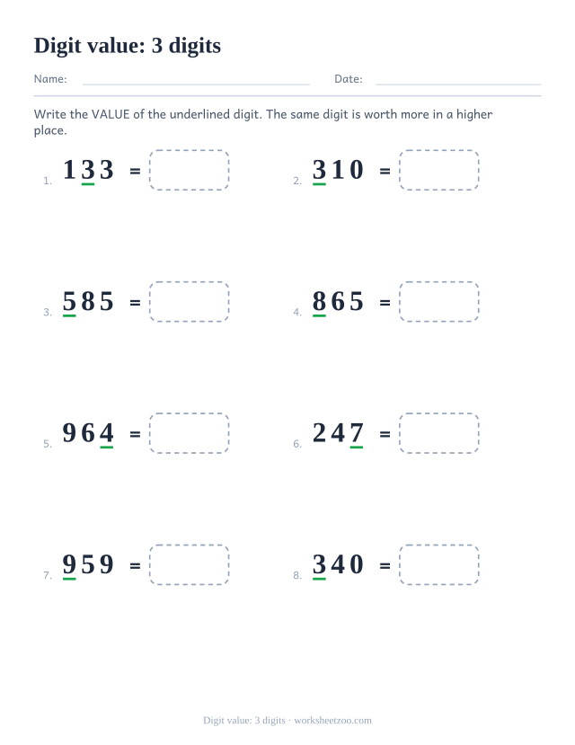 Underlined digit value worksheet for three-digit numbers