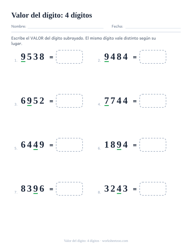 Ficha del valor del dígito subrayado en números de cuatro cifras