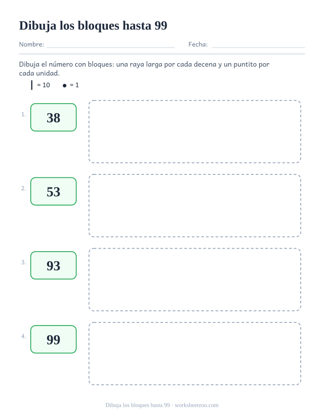Ficha de valor posicional para dibujar rayas por decenas y puntos por unidades