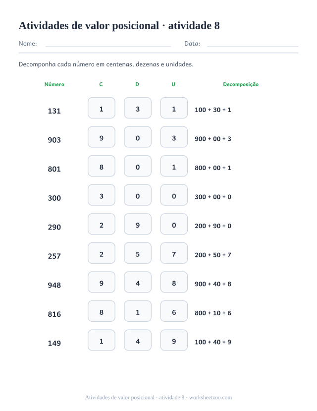 Prévia de Atividades de valor posicional, atividade 8 para imprimir