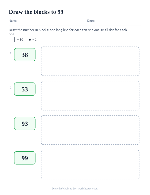 Place value worksheet where the child draws lines for tens and dots for ones
