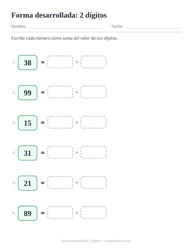 Ficha de forma desarrollada con números de dos cifras