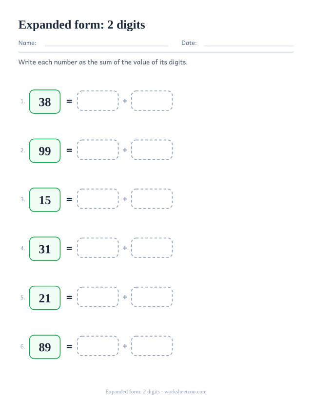 Expanded form place value worksheet for two-digit numbers
