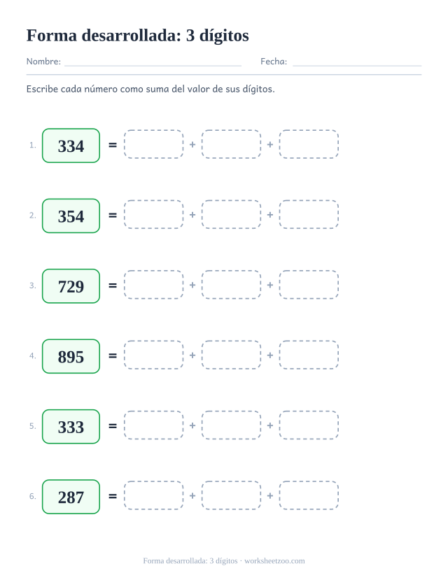 Ficha de forma desarrollada escribiendo números de tres cifras como sumas