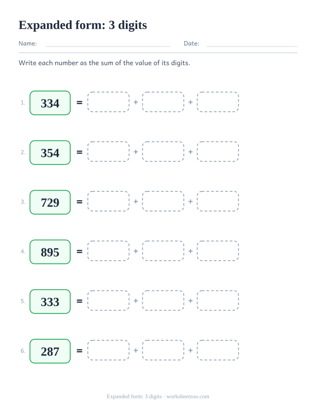 Expanded form worksheet writing three-digit numbers as sums of values