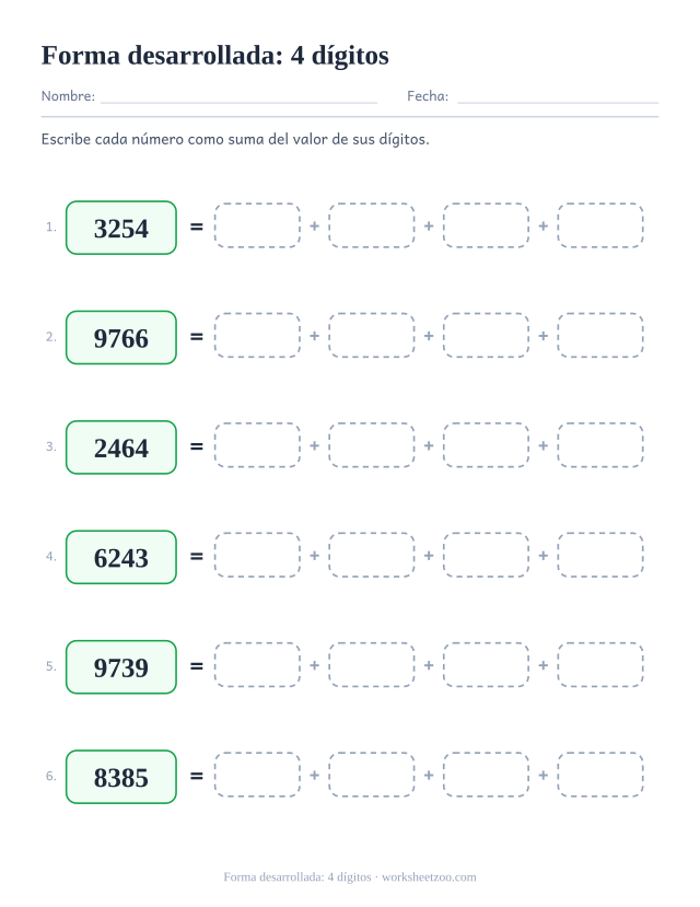 Ficha de forma desarrollada de cuatro cifras con millares