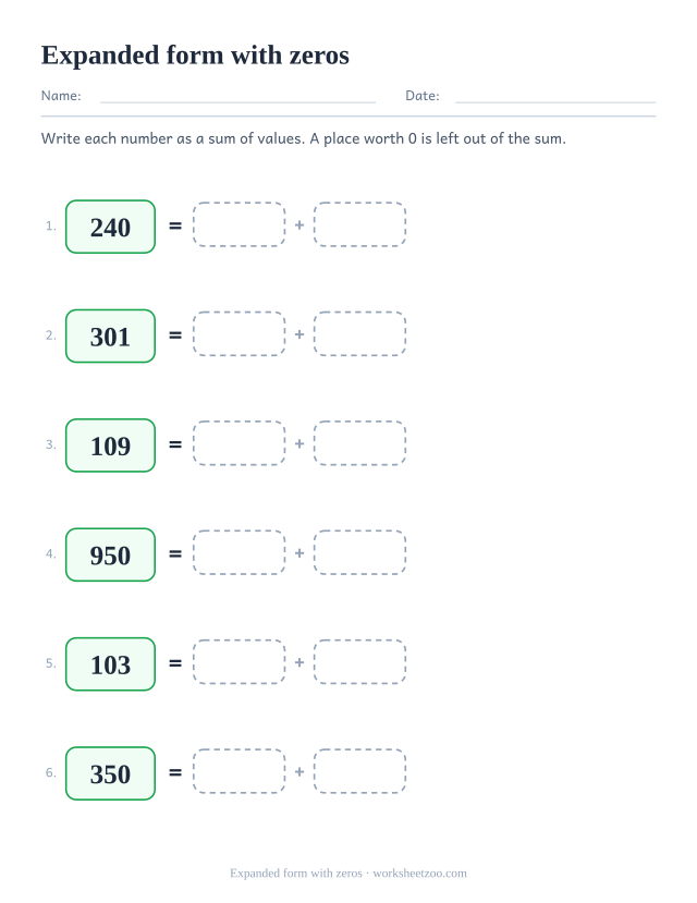 Expanded form worksheet where a zero place is left out of the sum