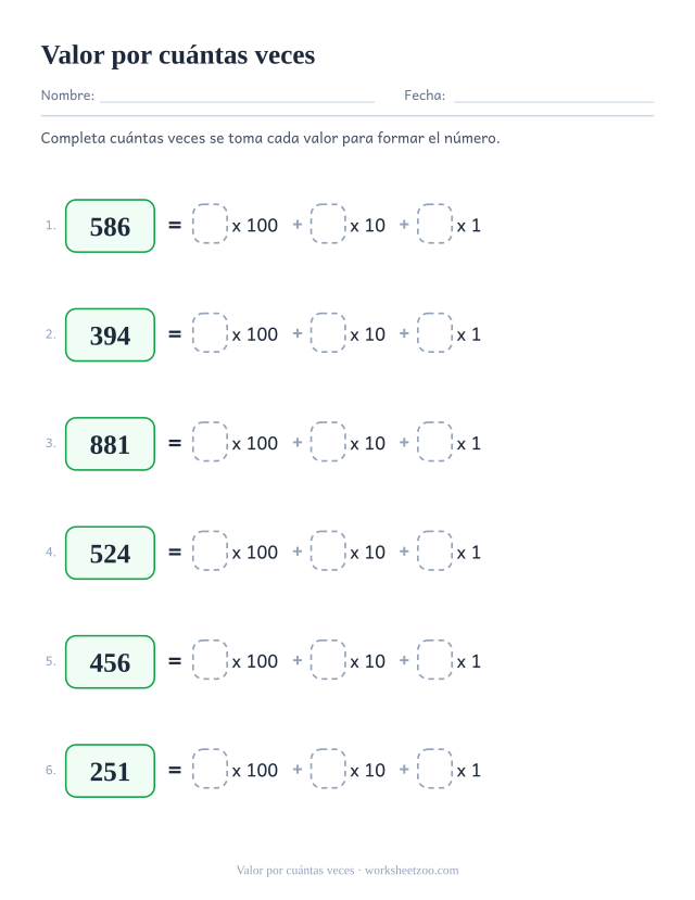Ficha para completar cuántas veces se toma cada valor de un número
