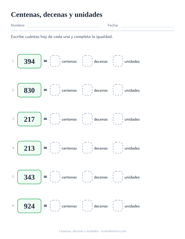 Ficha para separar números de tres cifras en centenas, decenas y unidades
