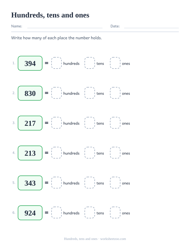 Place value worksheet splitting three-digit numbers into hundreds, tens and ones
