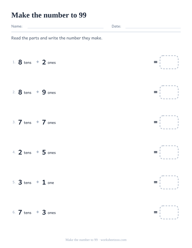 Place value worksheet building two-digit numbers from tens and ones