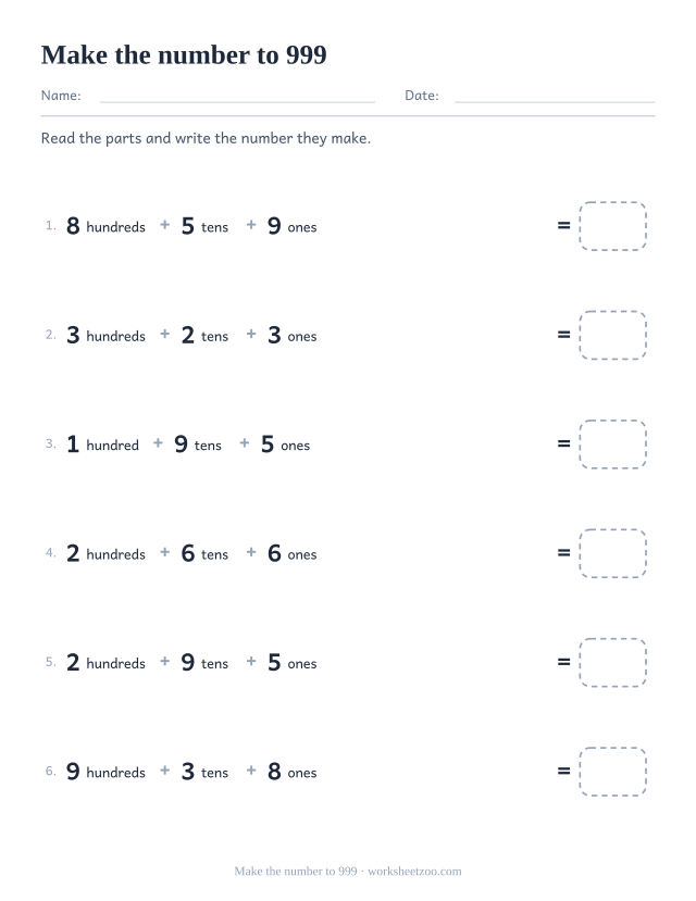 Place value worksheet building three-digit numbers from hundreds, tens and ones