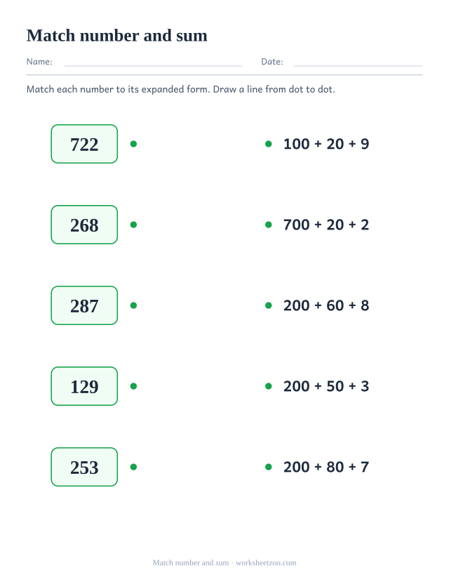 Matching worksheet joining numbers to their expanded forms with lines