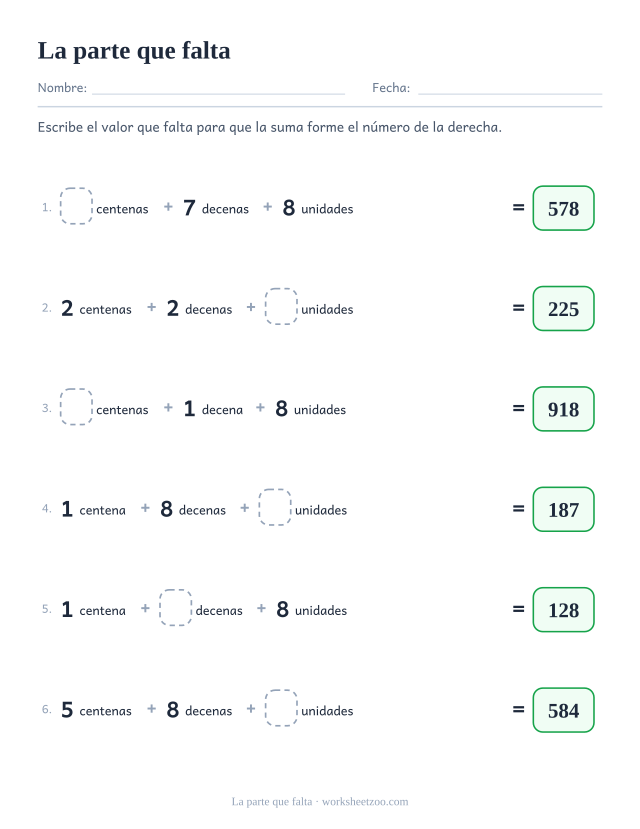Ficha de valor posicional con una parte en blanco y el total a la vista