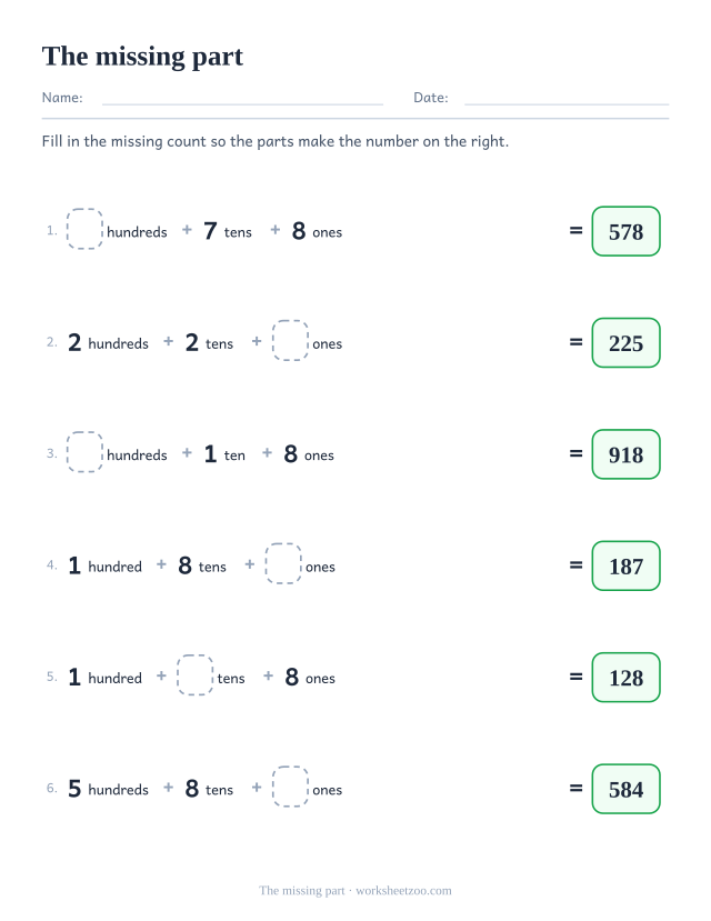 Place value worksheet with one part of the sum blanked and the total given