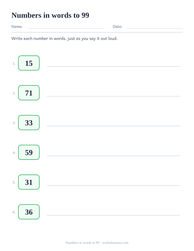 Worksheet writing two-digit numbers in words, teens included