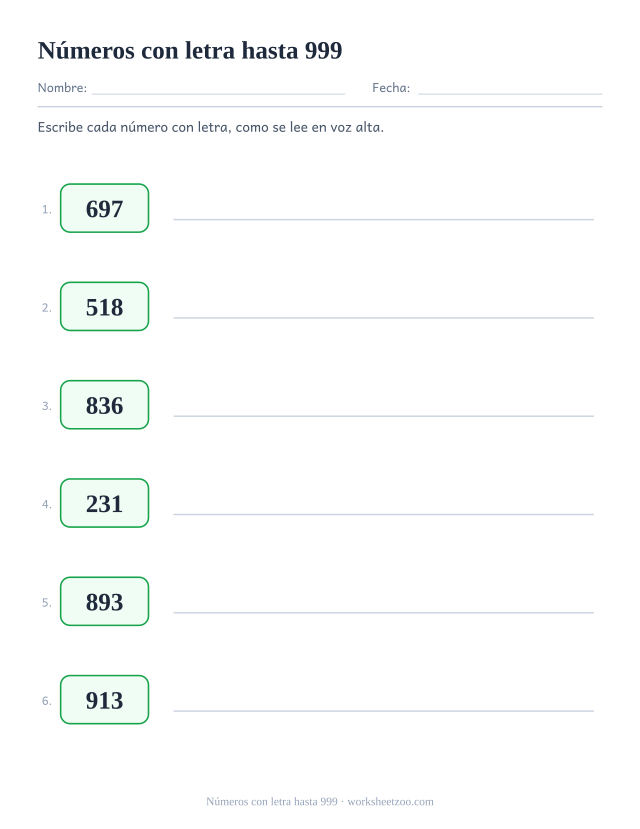 Ficha para escribir números de tres cifras con letra