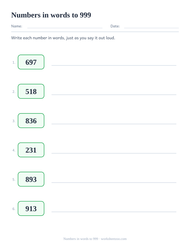 Worksheet writing three-digit numbers in words
