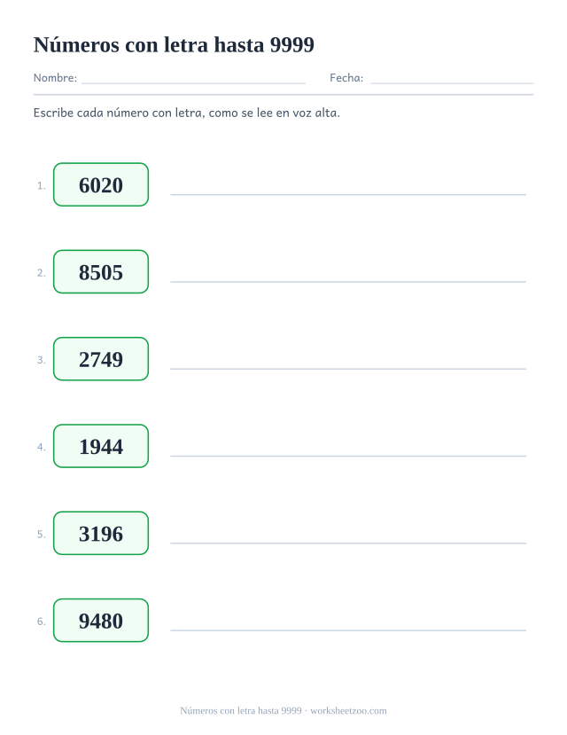 Ficha para escribir números de cuatro cifras con letra, con millares