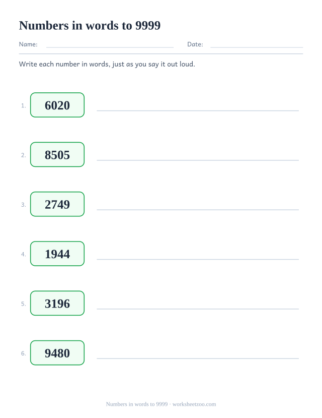 Worksheet writing four-digit numbers in words with thousands