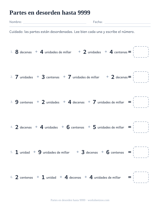 Ficha de cuatro cifras con millares, centenas, decenas y unidades revueltos