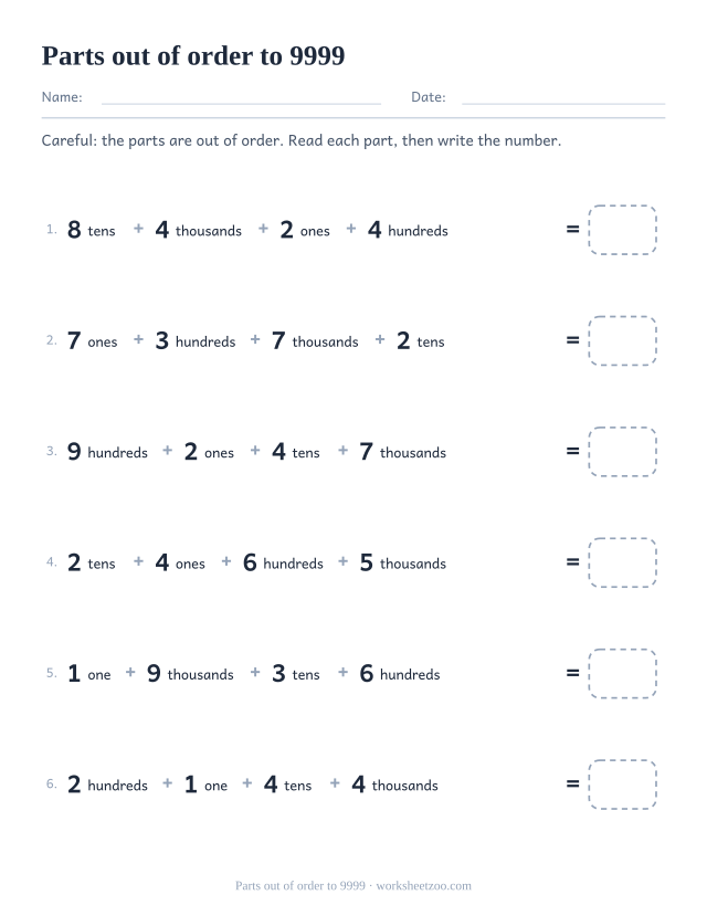 Four-digit place value worksheet with shuffled thousands, hundreds, tens and ones