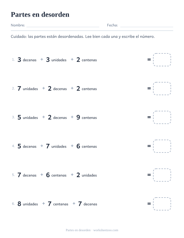 Ficha de valor posicional con centenas, decenas y unidades en desorden