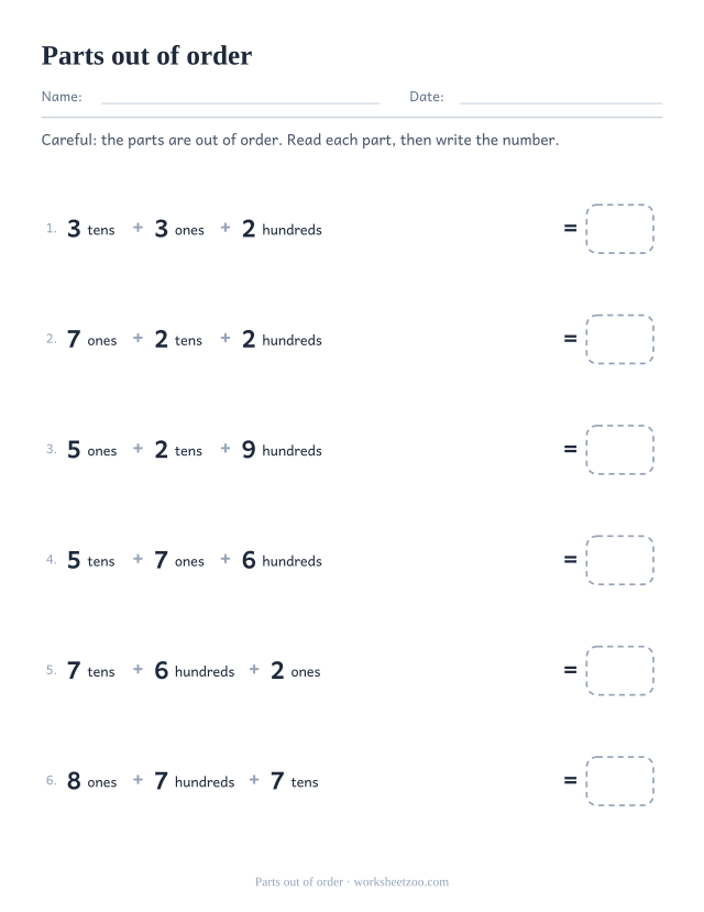 Place value worksheet with hundreds, tens and ones given out of order