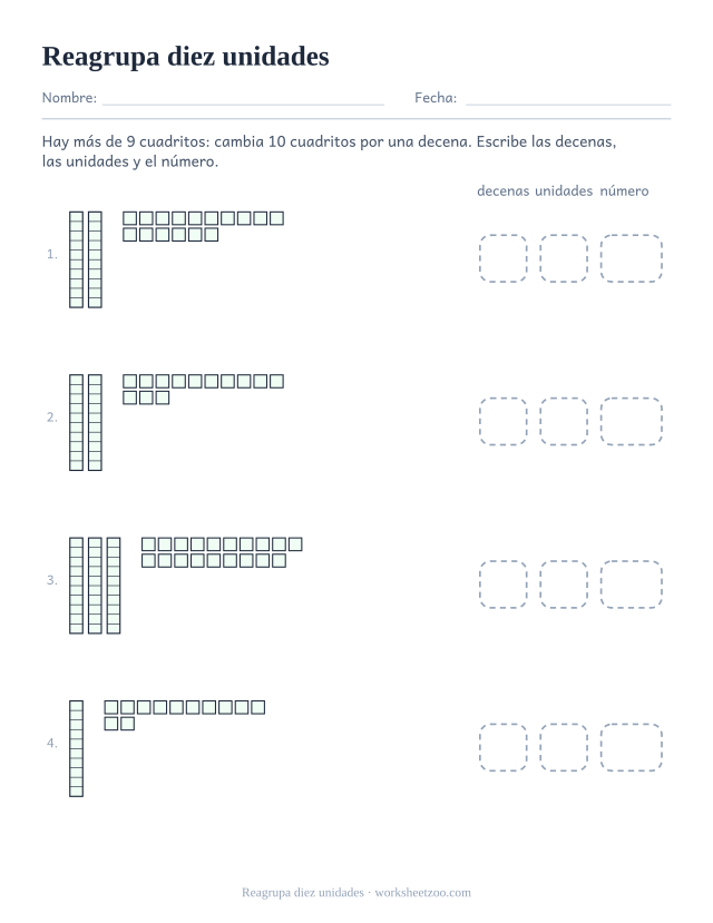 Ficha de reagrupar cambiando diez cuadritos por una barra de diez