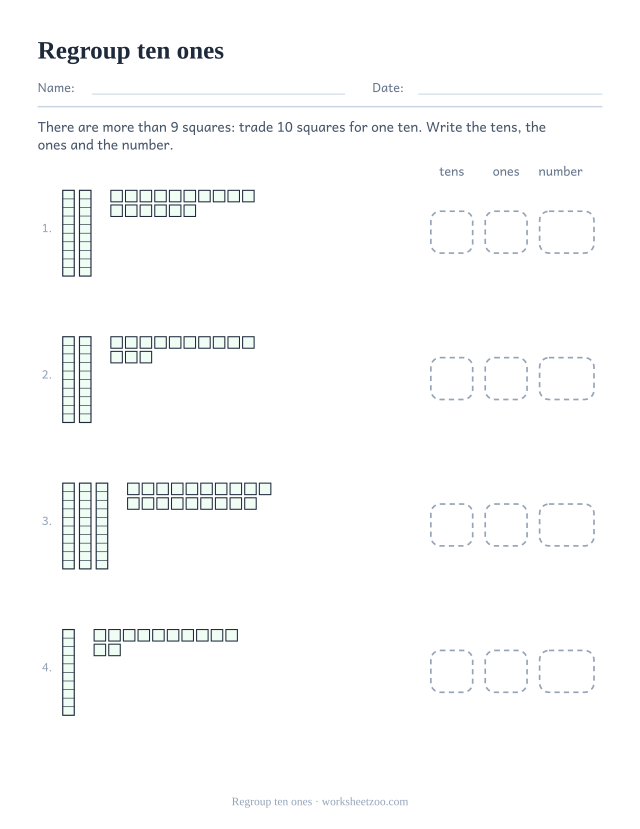 Regrouping worksheet trading ten unit squares for a ten rod