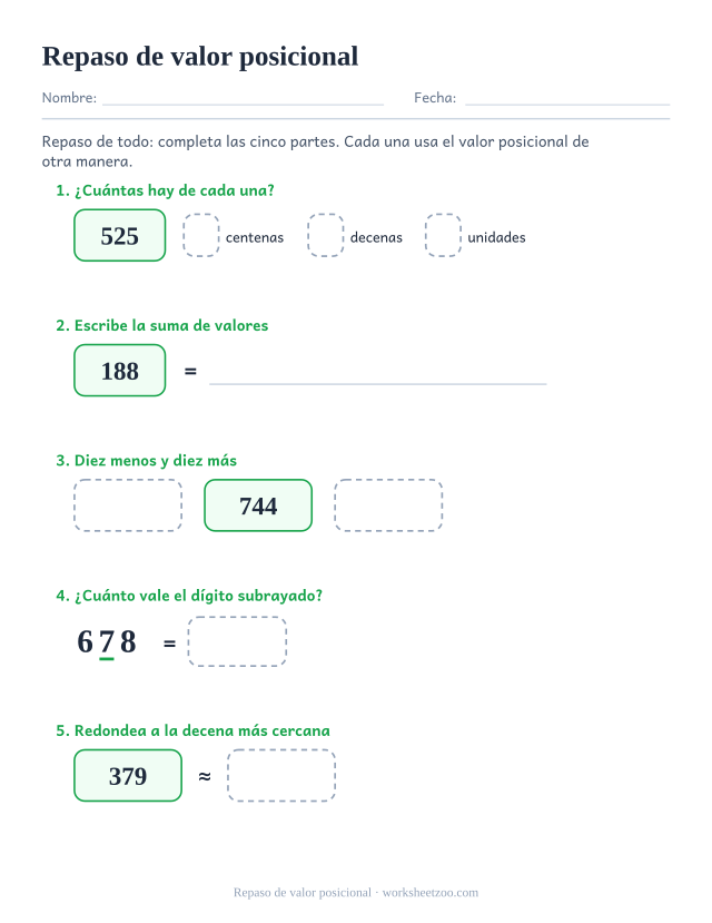 Ficha de repaso de valor posicional con cinco tipos de ejercicio