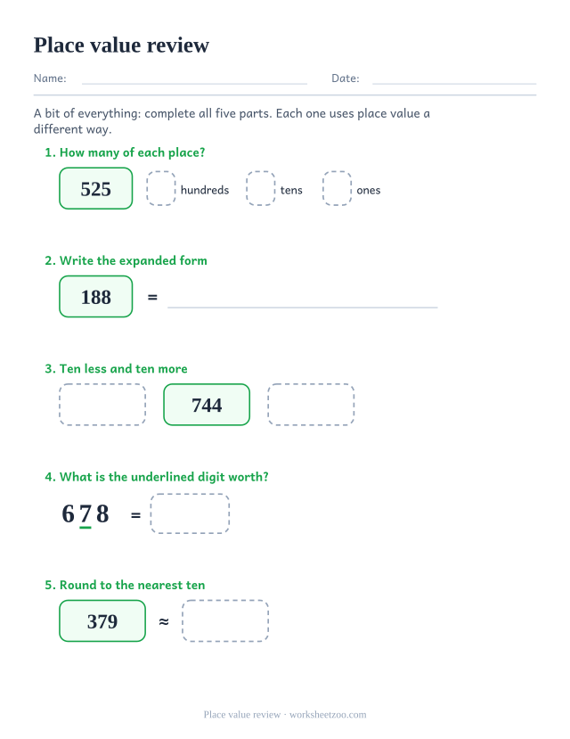 Mixed place value review worksheet with five different exercise types