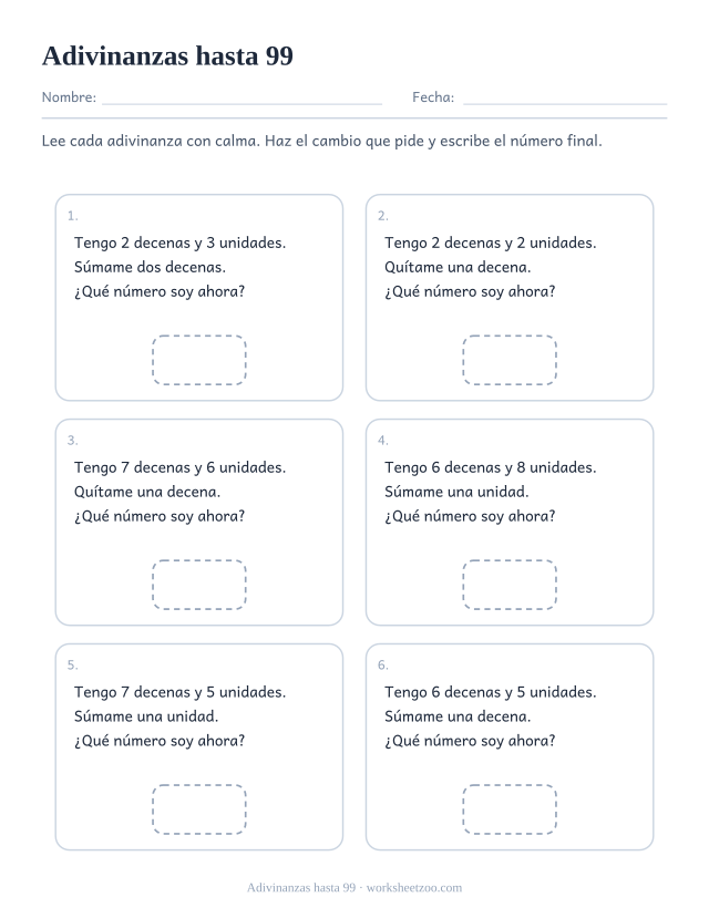 Tarjetas de adivinanzas de valor posicional con pistas de decenas y unidades hasta 99