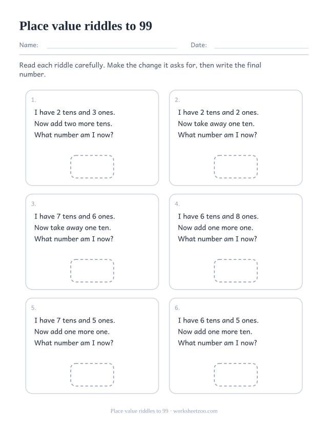 Place value riddle cards with tens and ones clues up to 99